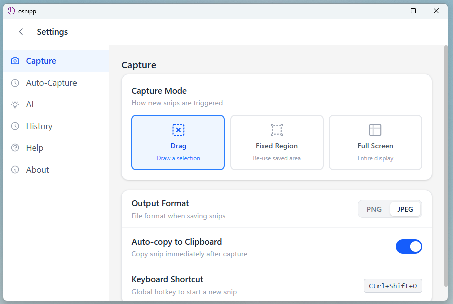 Capture settings panel